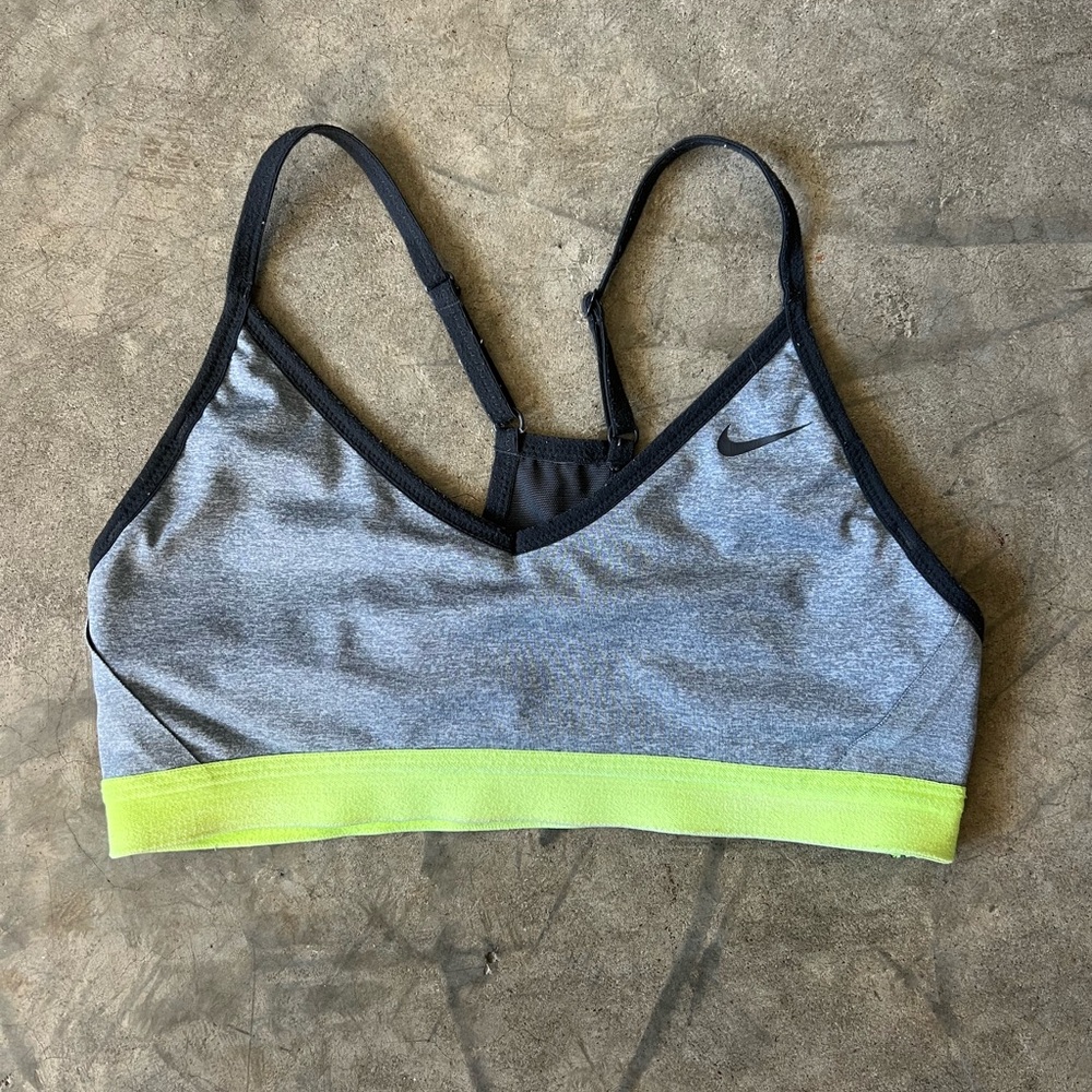 Nike Gray and Chartreuse Sports Bra with Racerback Design